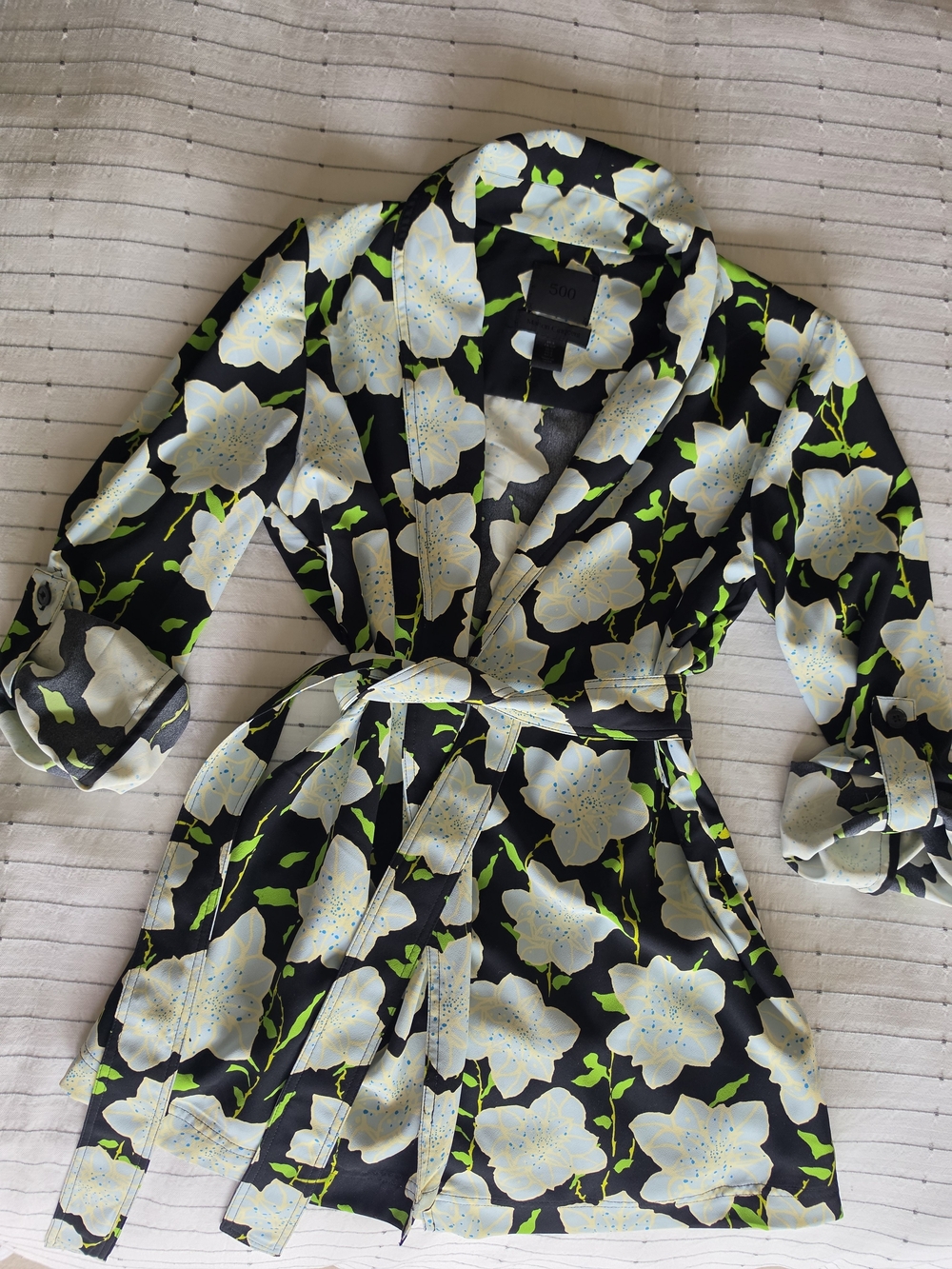 Floral Open Blazer Jacket in Black with White & Green Print
